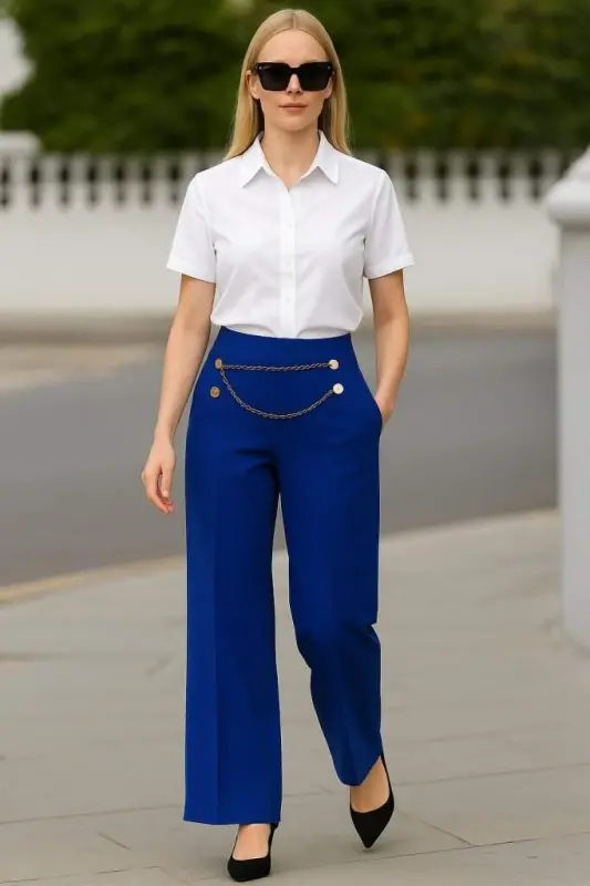 Kadın Beli Zincir Detay Ithal Krep Pantolon - 3