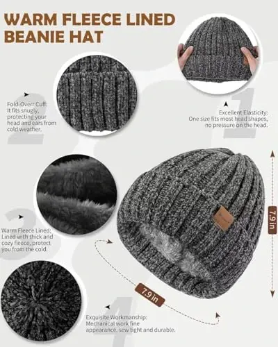 Women Beanie Scarf Gloves Headband Set, Chenille Winter Hats Fleece Lined Ear Warmer Knit Scarf Touchscreen Gloves 4 Gift Set - 1