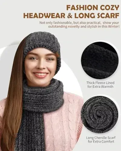 Women Beanie Scarf Gloves Headband Set, Chenille Winter Hats Fleece Lined Ear Warmer Knit Scarf Touchscreen Gloves 4 Gift Set - WOMEN (1)