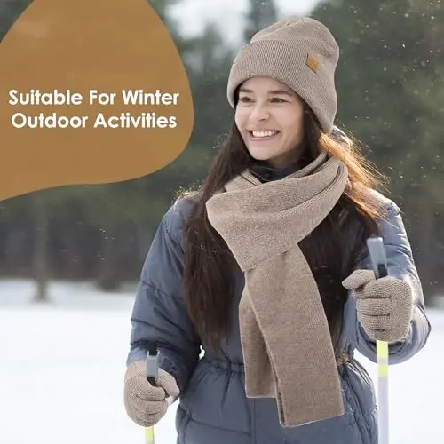 Womens Beanie Winter Hat Touchscreen Gloves Set Fleece Lined Skull Caps for Women Men - 5