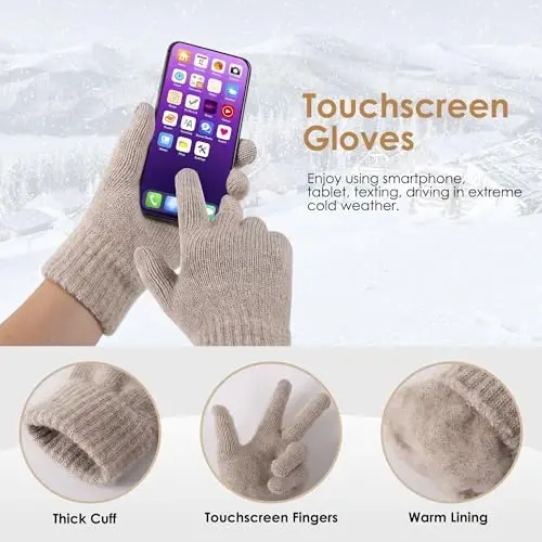 Womens Beanie Winter Hat Touchscreen Gloves Set Fleece Lined Skull Caps for Women Men - 3