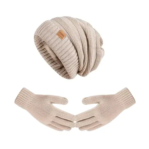 Women Beanie Hat Gloves Set Fleece Lined Winter Warm Hat Knit Touchscreen Gloves for Cold Weather - 1