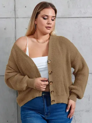 Kadın Beş Düğme Büyük Beden Triko Hırka - 3