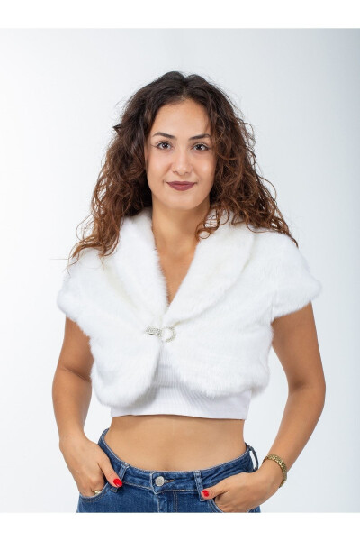 Kadın Beyaz Abiye Gelin Kürk Bolero Yarım Kollu-BEYAZ - KÜRKZONE