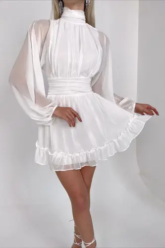 Kadın Beyaz Astarlı Şifon Kumaş Sırt Dekolteli Uzun Kollu Mini Elbise 066 - BEYAZ - 4