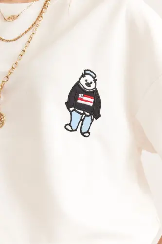 Kadın Beyaz Ayıcık Nakış Detaylı Rahat Kalıp Tişört TSH-19000840-Beyaz Ayıcık - 6