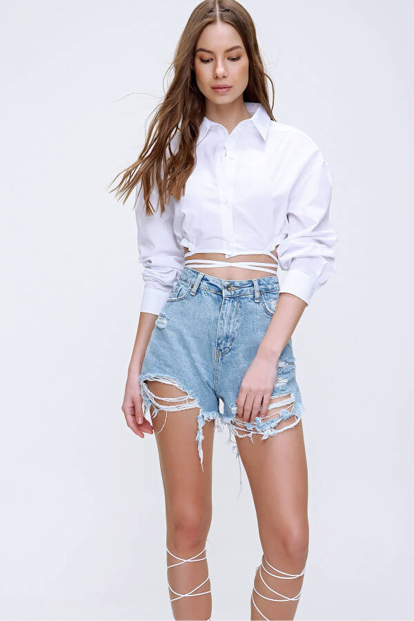 Kadın Beyaz Bağcıklı Crop Poplin Gömlek ALC-X6039-BEYAZ - 5