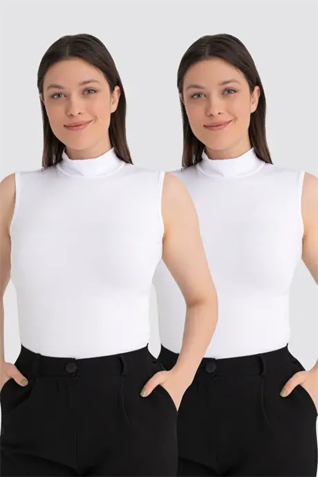Kadın Beyaz Balıkçı Yaka 2'li Kolsuz Body - BÜYÜKBEDENIZ