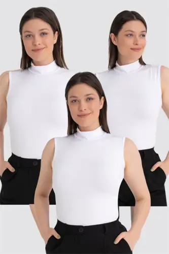 Kadın Beyaz Balıkçı Yaka Kolsuz Body 3'lü Paket - 1