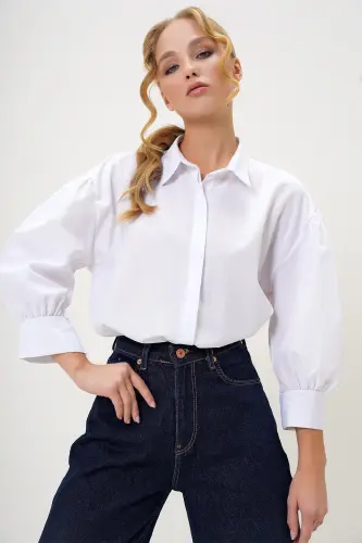 Kadın Beyaz Balon Kol Gizli Patlı Basic Poplin Gömlek ALC-X9654-BEYAZ - 2