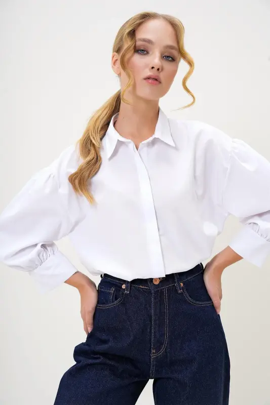 Kadın Beyaz Balon Kol Gizli Patlı Basic Poplin Gömlek ALC-X9654-BEYAZ - 4