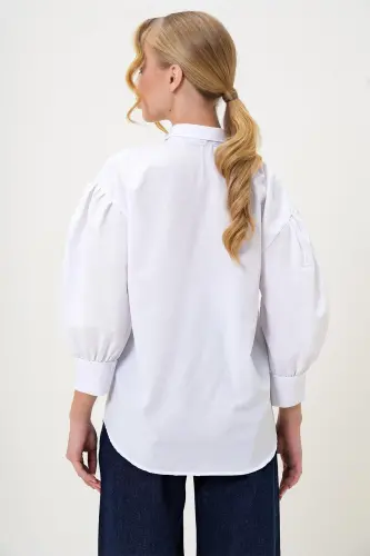 Kadın Beyaz Balon Kol Gizli Patlı Basic Poplin Gömlek ALC-X9654-BEYAZ - 5