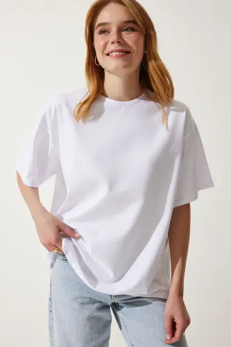 Kadın Beyaz Basic Oversize Örme T-Shirt HW00007-Beyaz - 1