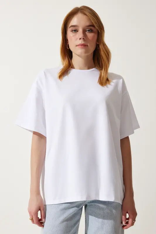 Kadın Beyaz Basic Oversize Örme T-Shirt HW00007-Beyaz - 3