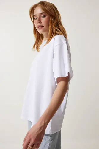 Kadın Beyaz Basic Oversize Örme T-Shirt HW00007-Beyaz - 4