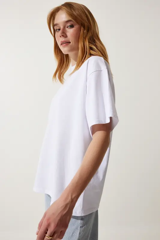 Kadın Beyaz Basic Oversize Örme T-Shirt HW00007-Beyaz - 4