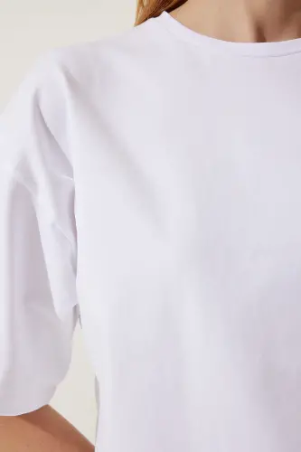 Kadın Beyaz Basic Oversize Örme T-Shirt HW00007-Beyaz - 5