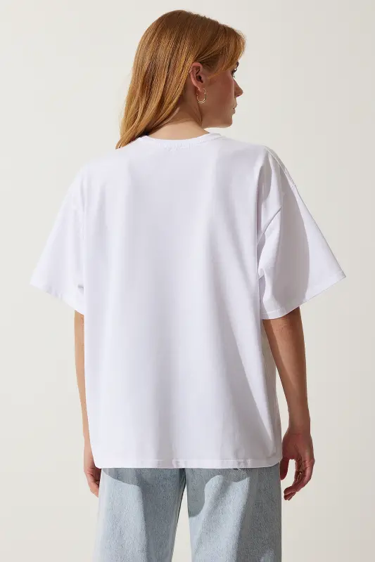 Kadın Beyaz Basic Oversize Örme T-Shirt HW00007-Beyaz - 6