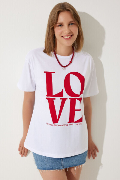 Kadın Beyaz Baskılı Oversize Pamuklu T-Shirt NJ00150 - Beyaz - 1