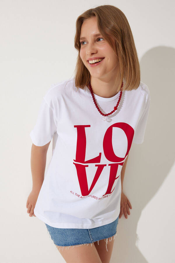 Kadın Beyaz Baskılı Oversize Pamuklu T-Shirt NJ00150 - Beyaz - 2