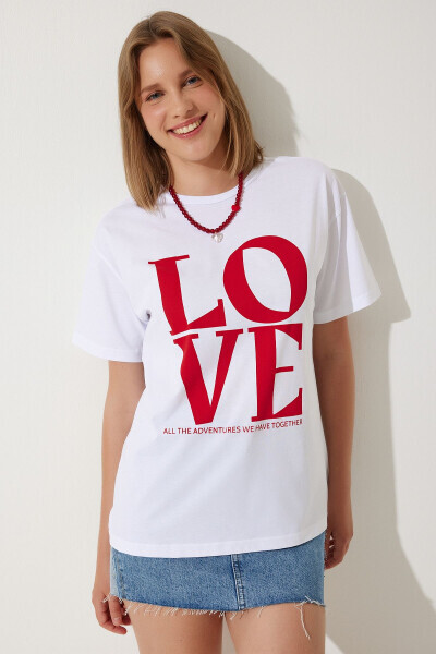 Kadın Beyaz Baskılı Oversize Pamuklu T-Shirt NJ00150 - Beyaz - 3