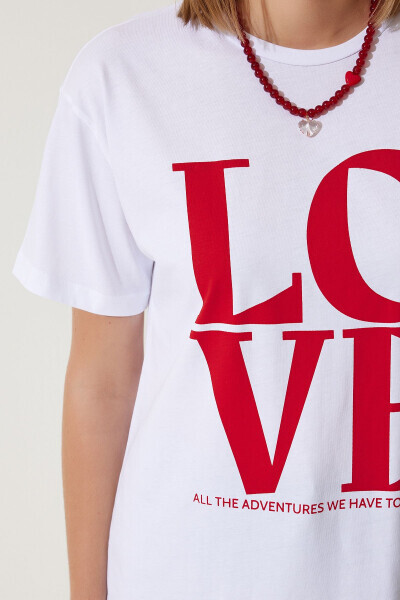 Kadın Beyaz Baskılı Oversize Pamuklu T-Shirt NJ00150 - Beyaz - 4