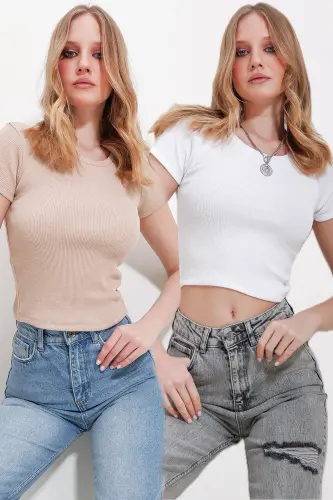 Kadın Beyaz-Bej Bisiklet Yaka 2'Li Paket Crop Örme Bluz ALC-X11549-TK-BEYAZ - 1
