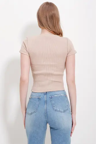 Kadın Beyaz-Bej Bisiklet Yaka 2'Li Paket Crop Örme Bluz ALC-X11549-TK-BEYAZ - 4