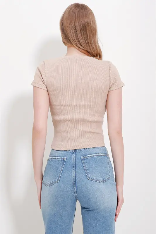 Kadın Beyaz-Bej Bisiklet Yaka 2'Li Paket Crop Örme Bluz ALC-X11549-TK-BEYAZ - 4