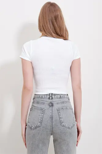 Kadın Beyaz-Bej Bisiklet Yaka 2'Li Paket Crop Örme Bluz ALC-X11549-TK-BEYAZ - 5