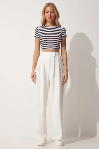 Kadın Beyaz Beli Cırt Cırt Kapamalı Bol Pantolon YL00001-Beyaz - 1