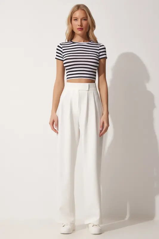 Kadın Beyaz Beli Cırt Cırt Kapamalı Bol Pantolon YL00001-Beyaz - 1