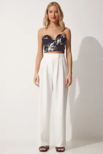 Kadın Beyaz Beli Cırt Cırt Kapamalı Bol Pantolon YL00001-Beyaz - 2