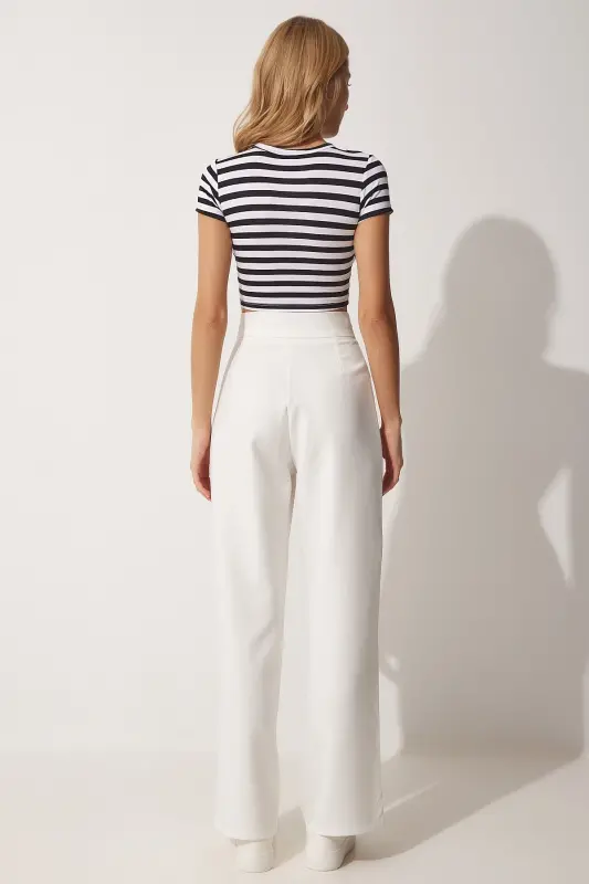 Kadın Beyaz Beli Cırt Cırt Kapamalı Bol Pantolon YL00001-Beyaz - 5