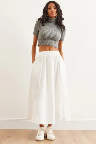 Kadın Beyaz Beli Lastikli Paraşüt Çan Etek ETK-19000280-Beyaz - 1
