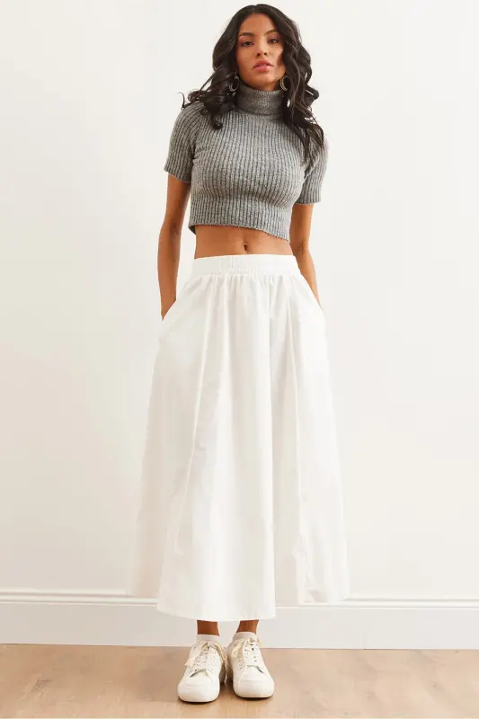 Kadın Beyaz Beli Lastikli Paraşüt Çan Etek ETK-19000280-Beyaz - OLALOOK