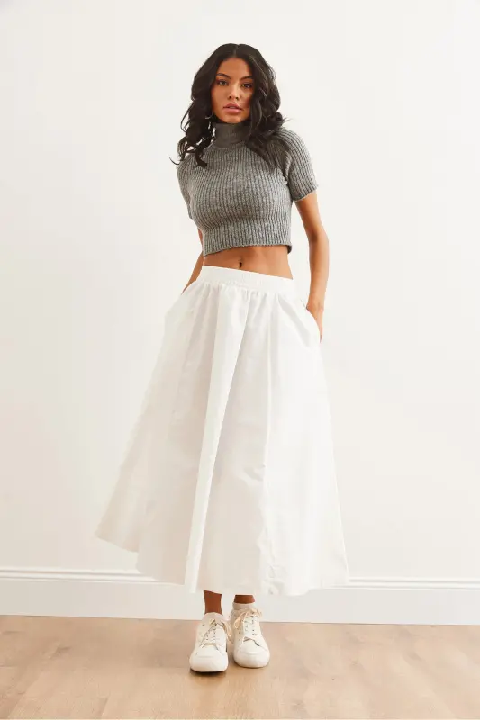 Kadın Beyaz Beli Lastikli Paraşüt Çan Etek ETK-19000280-Beyaz - 2