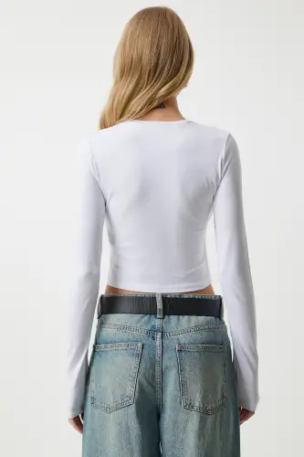 Kadın Beyaz Bisiklet Yaka Basic Crop Örme Bluz OW00034 - Beyaz - 7