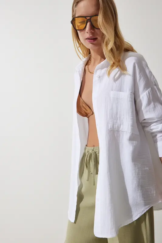 Kadın Beyaz Cepli Oversize Müslin Gömlek MX00150 - Beyaz - 1