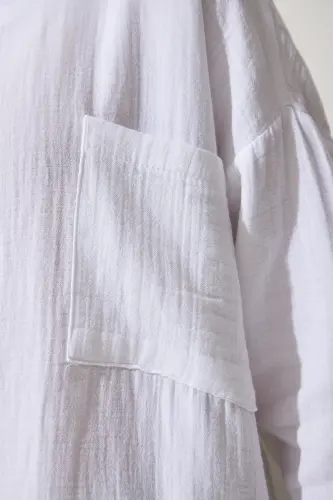 Kadın Beyaz Cepli Oversize Müslin Gömlek MX00150 - Beyaz - 4