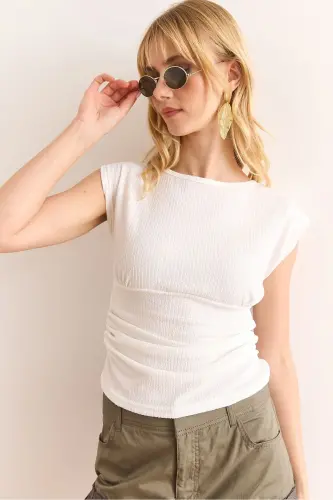 Kadın Beyaz Drape Detaylı Crop Bürümcük Bluz BLZ-19002964 - Beyaz - 7