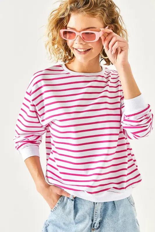 Kadın Beyaz Fuşya Basic Yumuşak Dokulu Salaş Sweatshirt SWT-19000457 - Beyaz Fuşya - 3