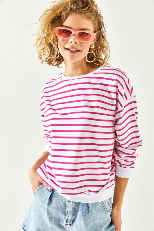 Kadın Beyaz Fuşya Basic Yumuşak Dokulu Salaş Sweatshirt SWT-19000457 - Beyaz Fuşya - 4