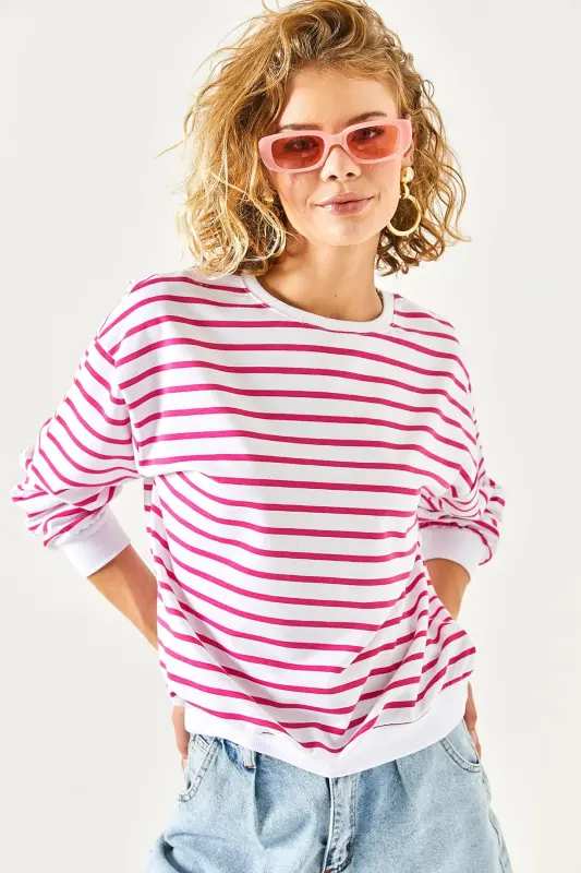 Kadın Beyaz Fuşya Basic Yumuşak Dokulu Salaş Sweatshirt SWT-19000457 - Beyaz Fuşya - 5