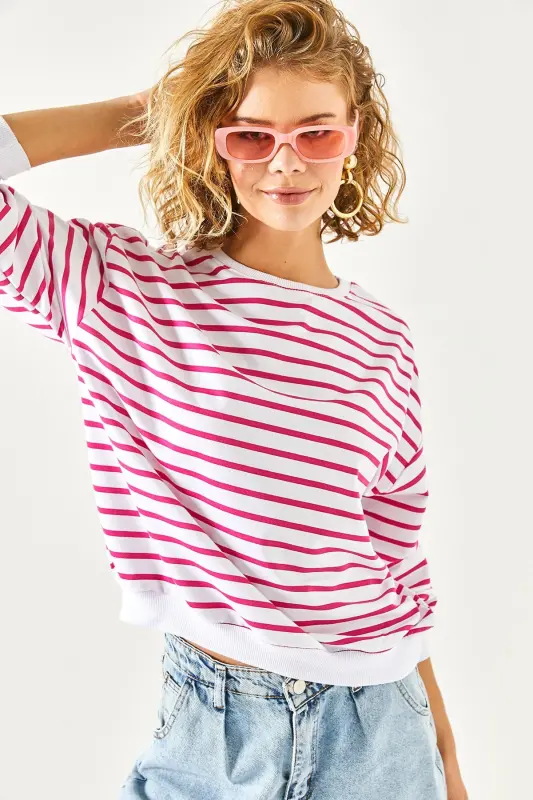 Kadın Beyaz Fuşya Basic Yumuşak Dokulu Salaş Sweatshirt SWT-19000457 - Beyaz Fuşya - 6