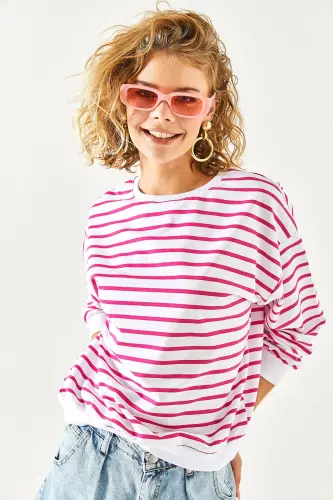Kadın Beyaz Fuşya Basic Yumuşak Dokulu Salaş Sweatshirt SWT-19000457 - Beyaz Fuşya - 7