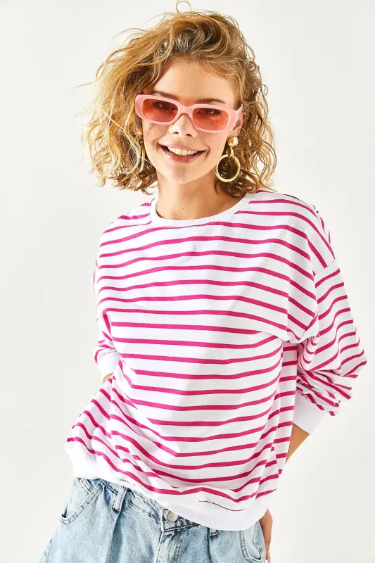 Kadın Beyaz Fuşya Basic Yumuşak Dokulu Salaş Sweatshirt SWT-19000457 - Beyaz Fuşya - 7