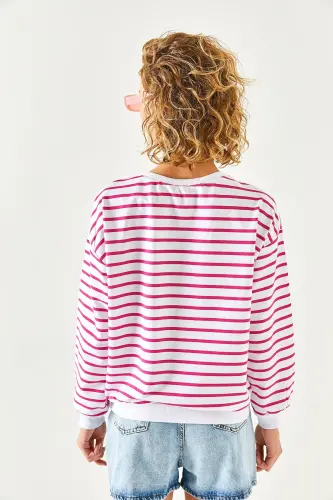 Kadın Beyaz Fuşya Basic Yumuşak Dokulu Salaş Sweatshirt SWT-19000457 - Beyaz Fuşya - 8