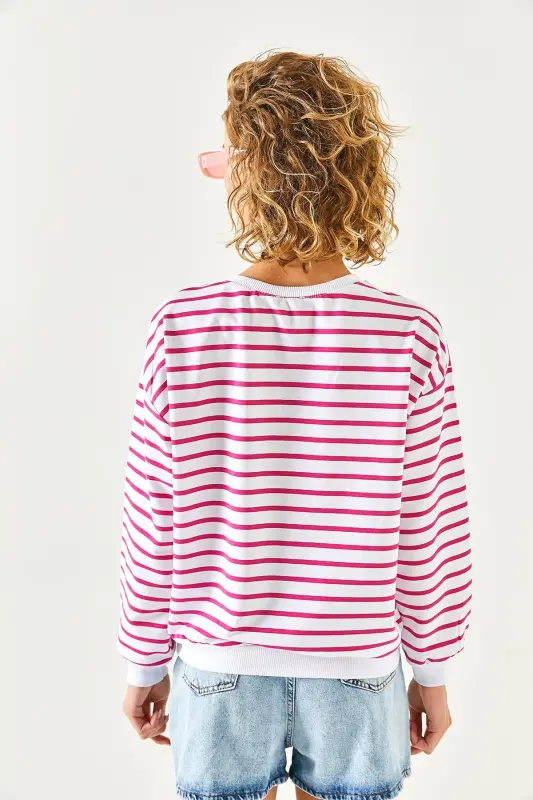 Kadın Beyaz Fuşya Basic Yumuşak Dokulu Salaş Sweatshirt SWT-19000457 - Beyaz Fuşya - 8