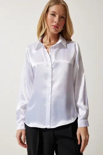 Kadın Beyaz Hafif Dökümlü Saten Yüzeyli Gömlek DD00990 - Beyaz - Happiness İstanbul (1)